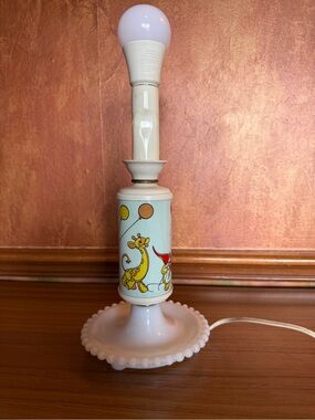 Vintage 1950s Milk Glass Nursery Lamp Circus Clown Giraffe Hobnail Base WORKS